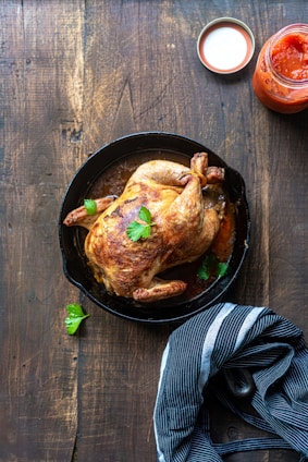 chicken on black round plate