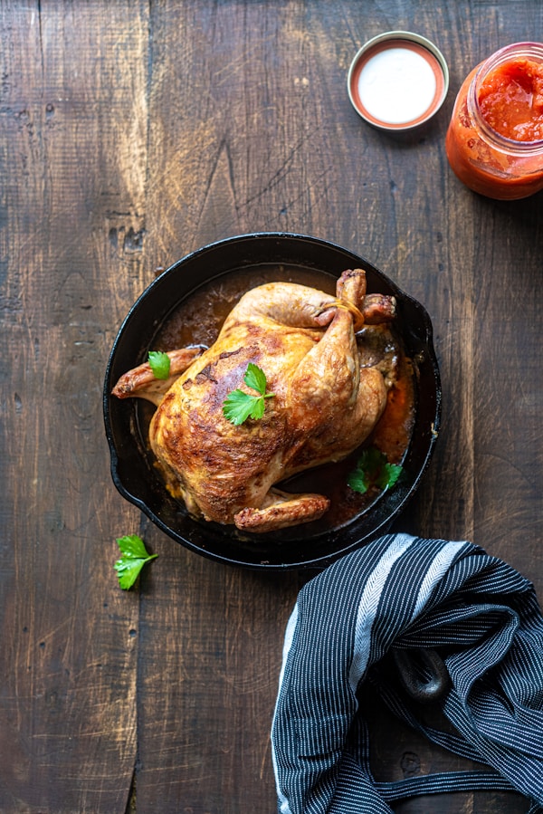 Chicken on black round plate