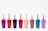 Eight nail polish bottles in various bright colors are arranged in a row against a plain white background. The bottles feature shades including pink, red, dark blue, light orange, brown, light blue, and purple. Each bottle has a visible brush sticking out, showcasing the precise design typical for nail polish containers.