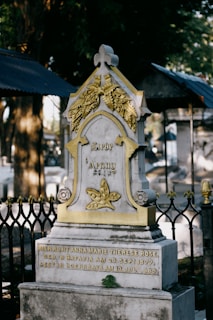 An ornate tombstone with gold accents and the name Anny inscribed on it is surrounded by a black wrought iron fence. The tombstone features decorative elements such as leaves and a cross at the top. The background shows other grave markers and trees, creating a serene cemetery setting.