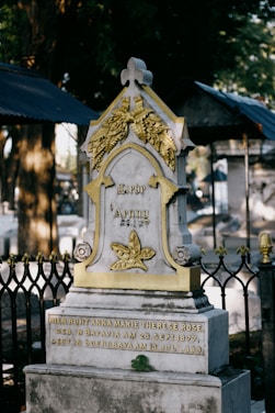 An ornate tombstone with gold accents and the name Anny inscribed on it is surrounded by a black wrought iron fence. The tombstone features decorative elements such as leaves and a cross at the top. The background shows other grave markers and trees, creating a serene cemetery setting.