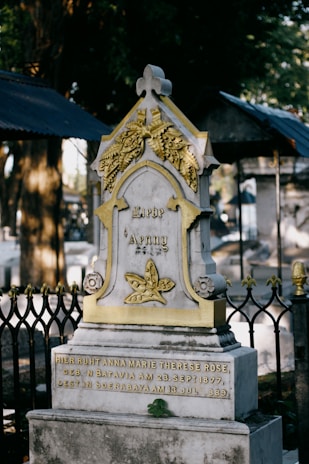 An ornate tombstone with gold accents and the name Anny inscribed on it is surrounded by a black wrought iron fence. The tombstone features decorative elements such as leaves and a cross at the top. The background shows other grave markers and trees, creating a serene cemetery setting.