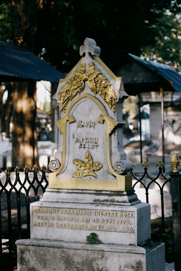 An ornate tombstone with gold accents and the name Anny inscribed on it is surrounded by a black wrought iron fence. The tombstone features decorative elements such as leaves and a cross at the top. The background shows other grave markers and trees, creating a serene cemetery setting.