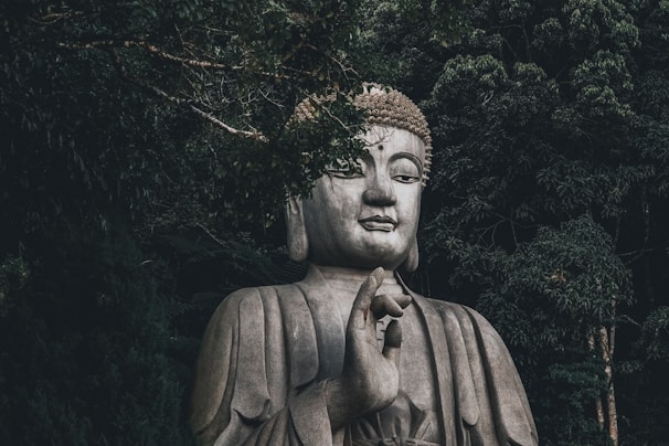 A large stone statue of a serene figure is partially obscured by lush, dark green foliage. The statue exudes a sense of calm and wisdom, with a gentle, peaceful expression and a hand raised in a gesture of blessing or teaching.