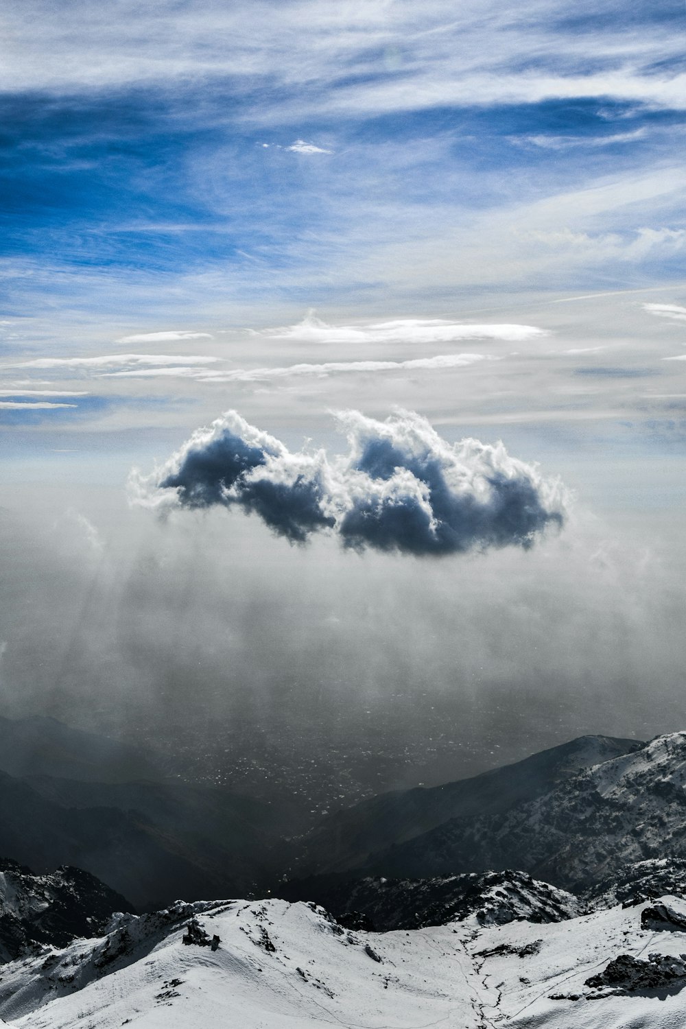 white clouds over snow covered mountain