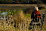 An elderly person with white hair is seated on a wooden bench, overlooking a serene landscape filled with tall grass and a peaceful body of water. The scene suggests a quiet, contemplative moment.