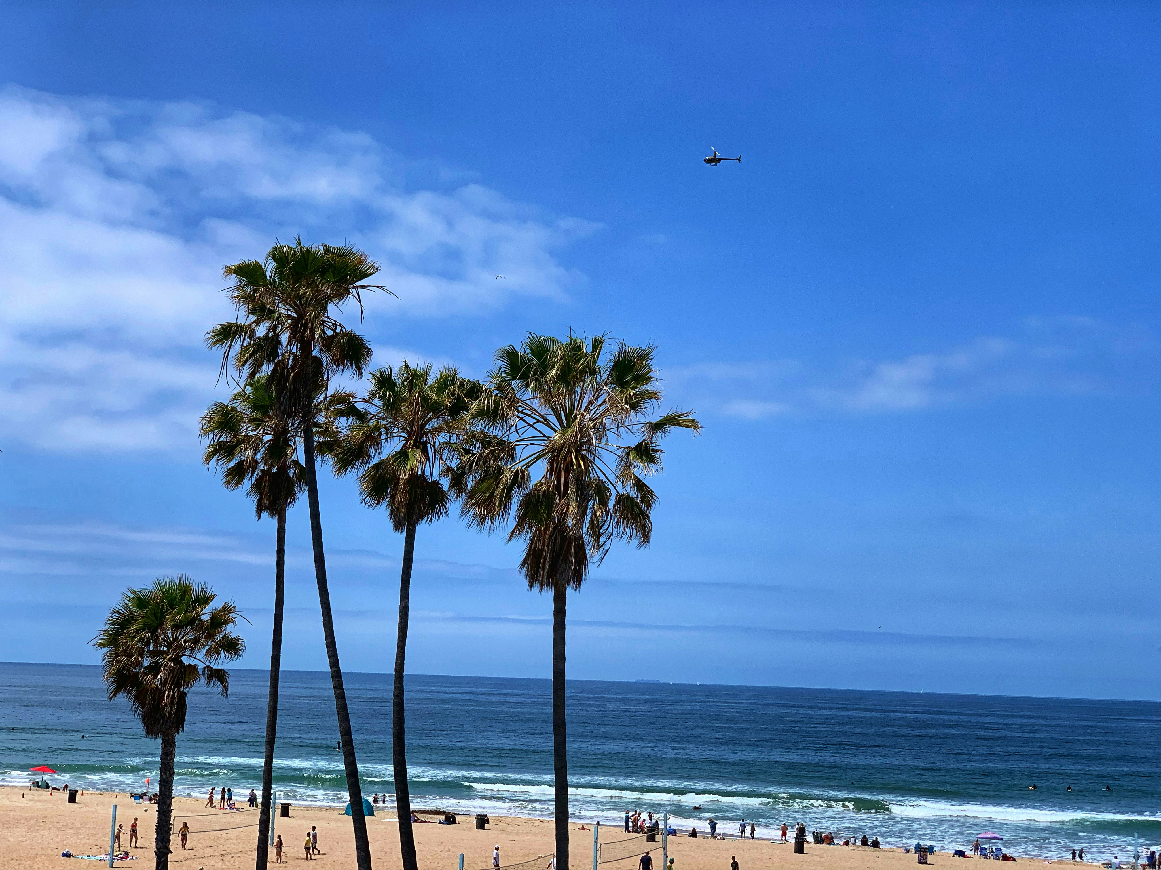 Helicopter is flying over the beach Manhattan California