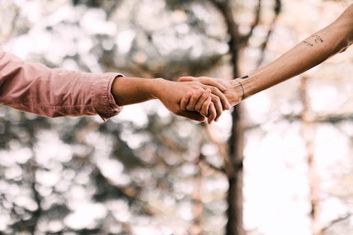 Two individuals are holding hands in a gesture of connection or support. The background features a natural, blurred setting with a soft focus on trees. One arm is adorned with a tattoo.