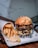 burger with fries on plate