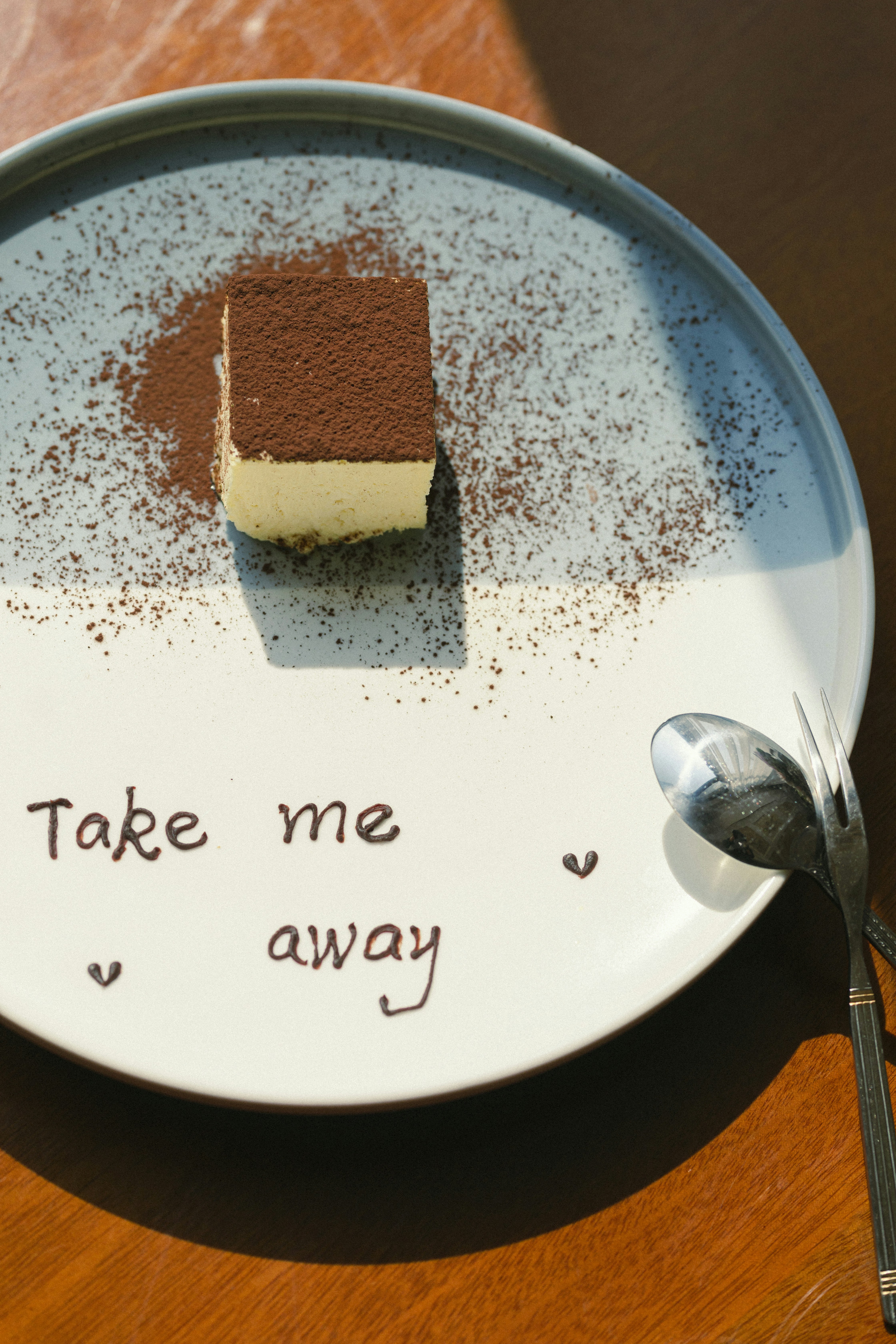 Classic tiramisu dessert on white plate with cocoa powder dusting
