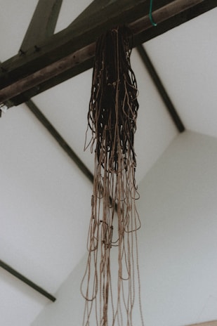 A bundle of tangled ropes hangs from a wooden beam under a light-colored ceiling. The ropes are primarily brown and appear to be hanging freely, casting a subtle shadow against the ceiling's surface.