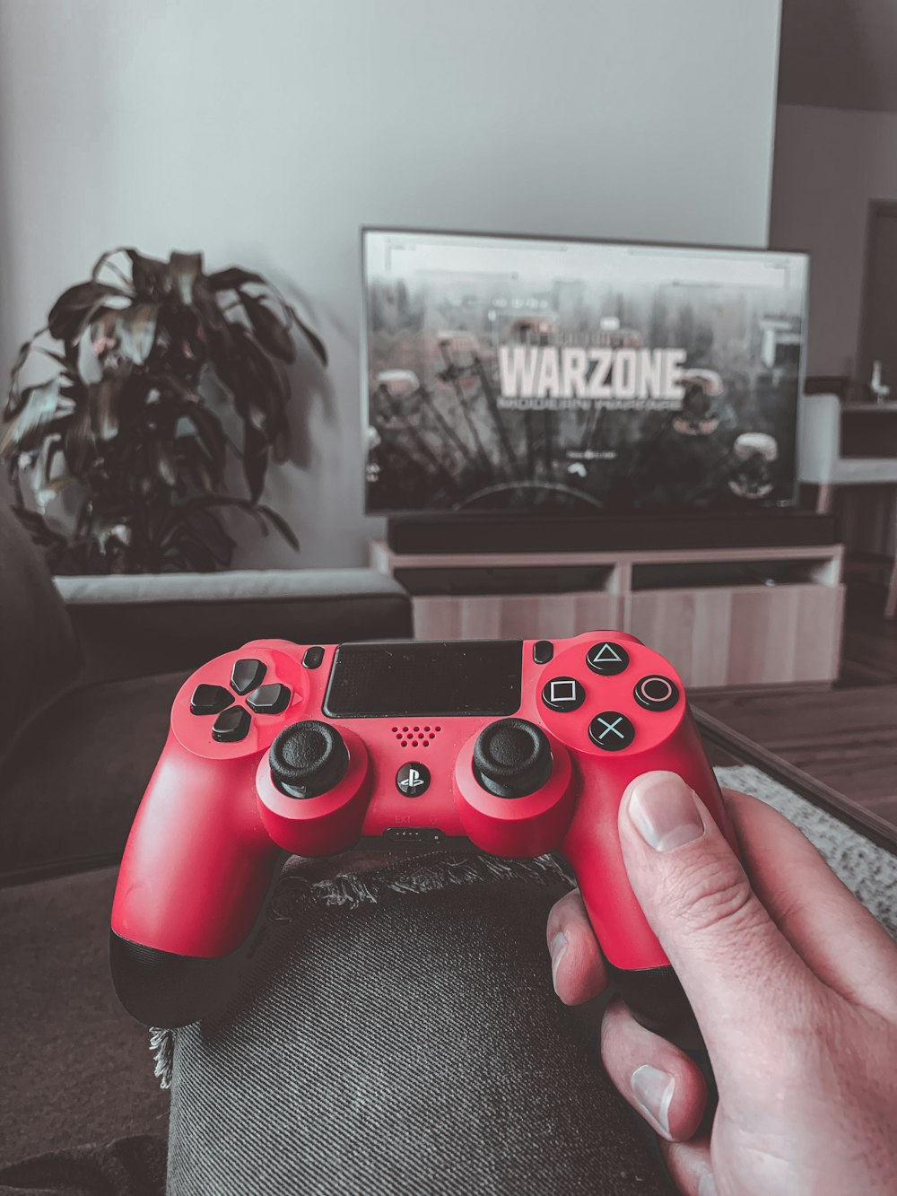 person holding red sony ps 4 controller