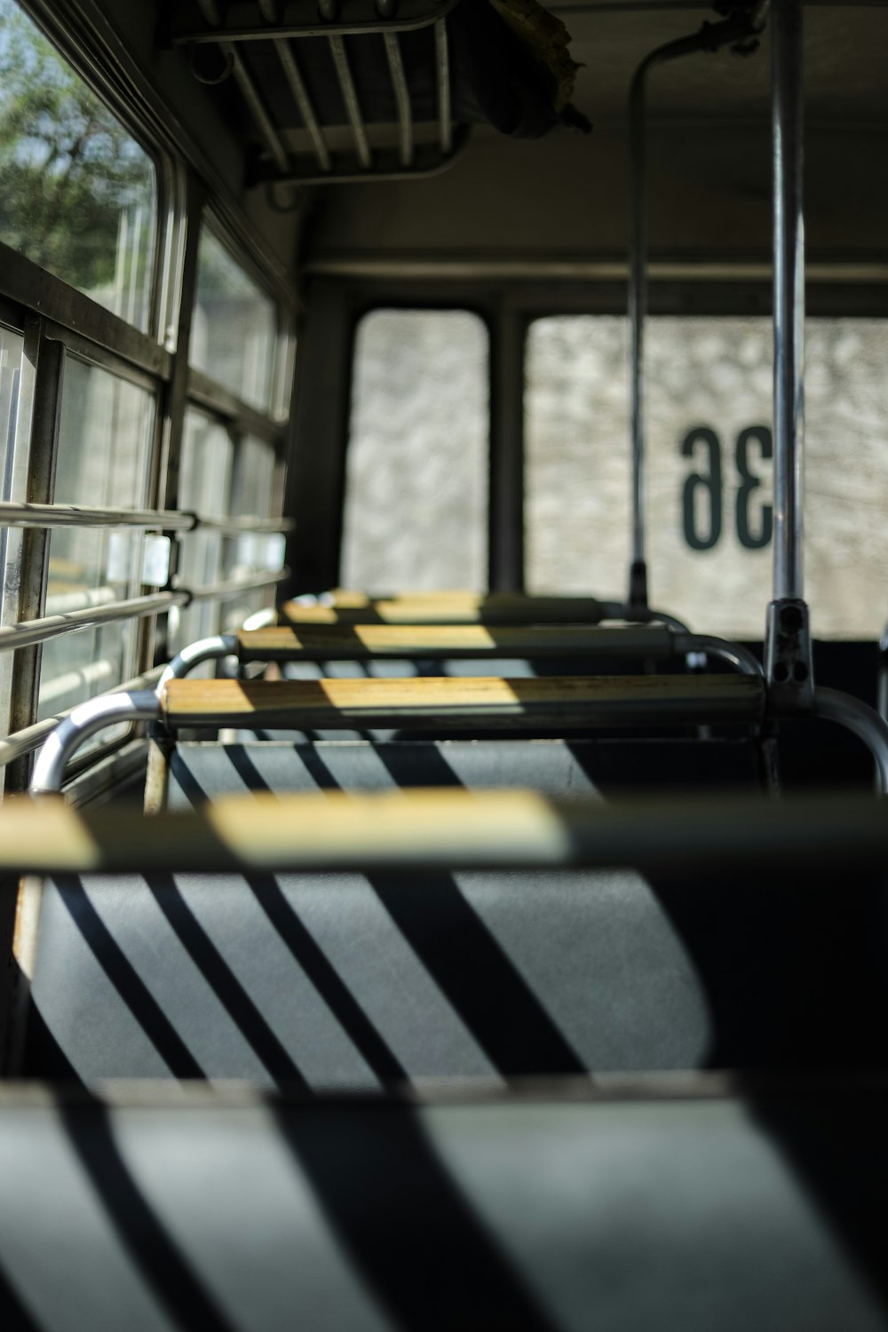 blue and yellow bus interior