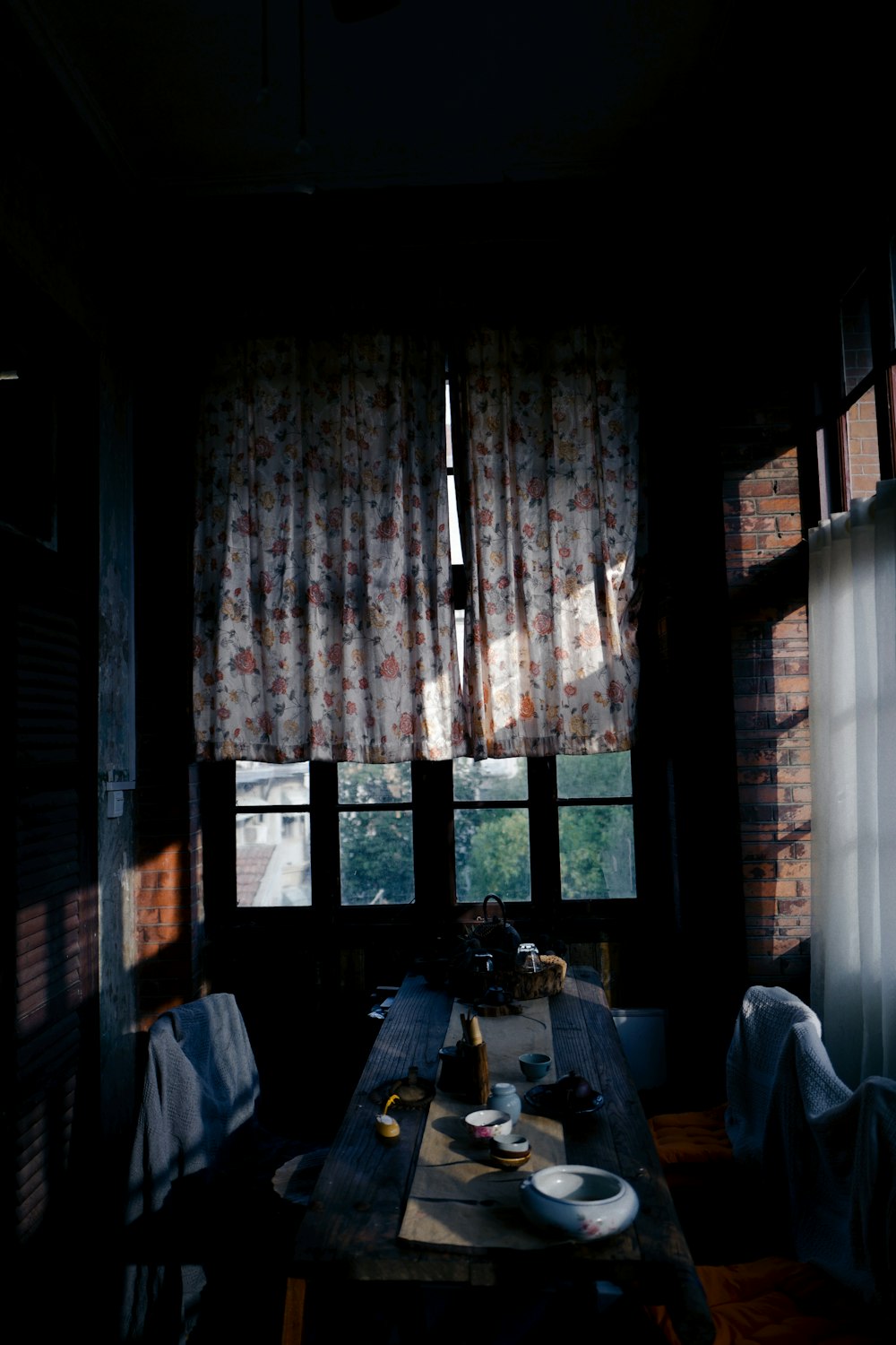 brown and red floral window curtain