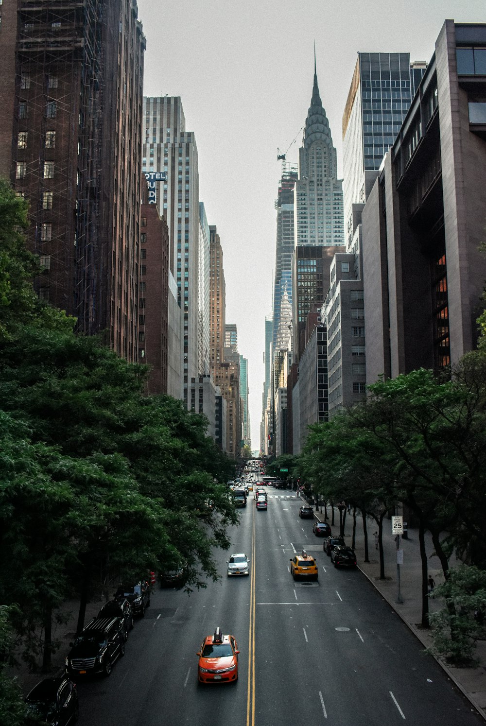 cars on road between high rise buildings during daytime