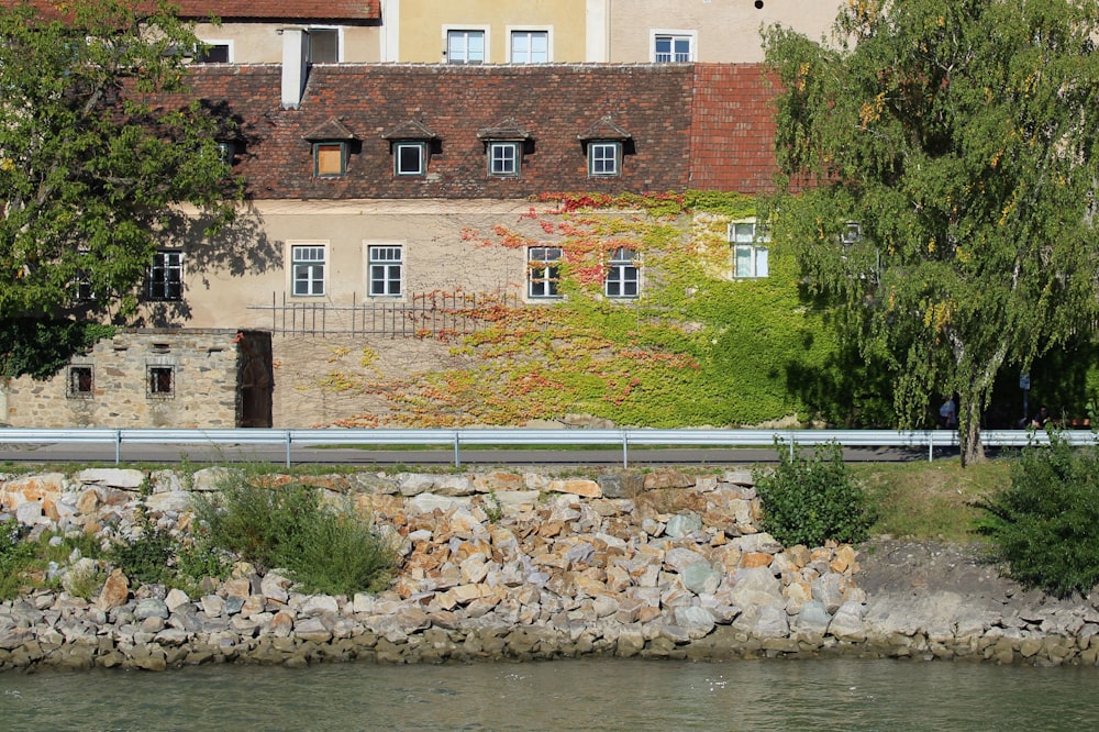 昼間の川沿いの茶色のコンクリートの建物