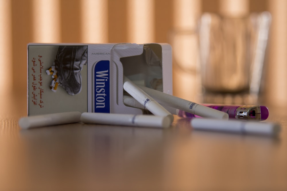 blue and white box on table