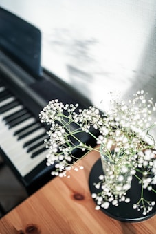 A digital piano keyboard is partially visible next to a wooden table. A glass vase holds white baby's breath flowers, which add a delicate touch to the scene. Soft natural light casts gentle shadows, creating a serene atmosphere.