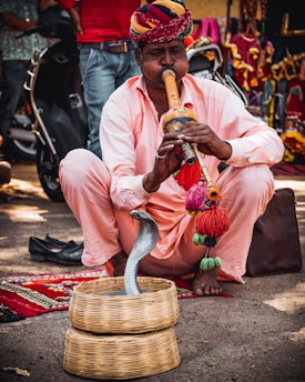 A man wearing a colorful turban and a light pink outfit is playing a traditional musical instrument, a pungi, seated on the ground. In front of him, a snake is emerging from a wicker basket. The background includes vibrant textiles and a parked scooter.