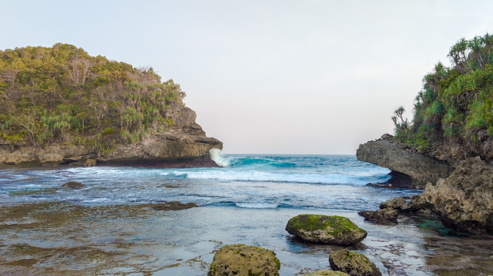 green and brown rock formation beside body of water during daytime