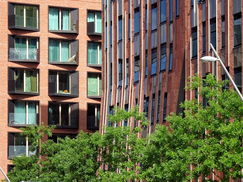 낮에는 녹색 나무 근처의 갈색 콘크리트 건물