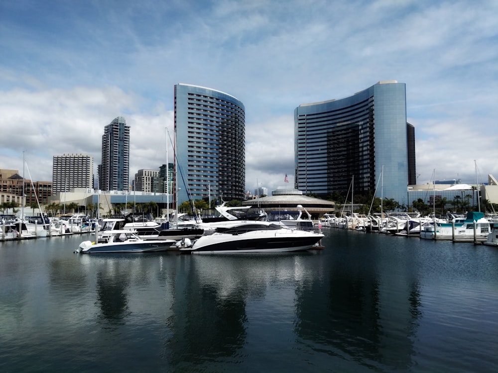 white and black boat on body of water near city buildings during daytime