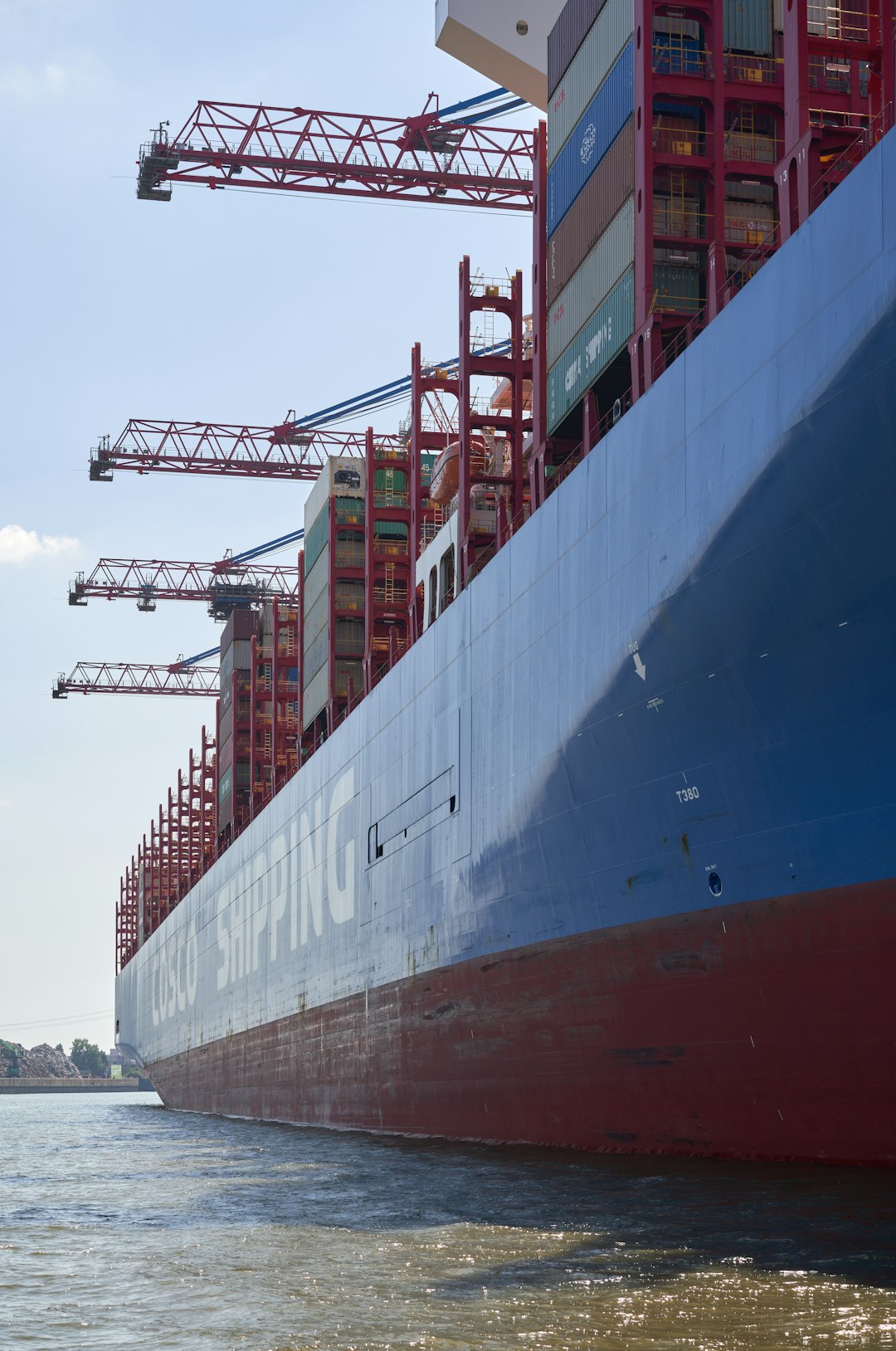 blue and red cargo ship