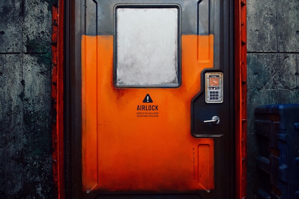 A sturdy, industrial-looking airlock door with an orange and gray color scheme positioned in a concrete wall. The door features a warning sign indicating the need to follow operational procedures. An access panel with a keypad and small display is mounted beside the door handle.