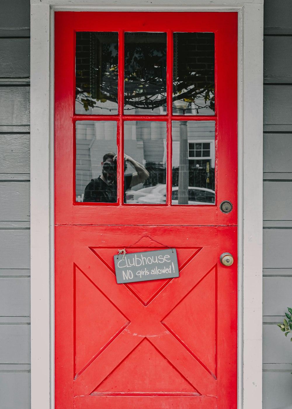 red and white wooden door