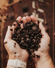 person holding coffee beans in grayscale photography