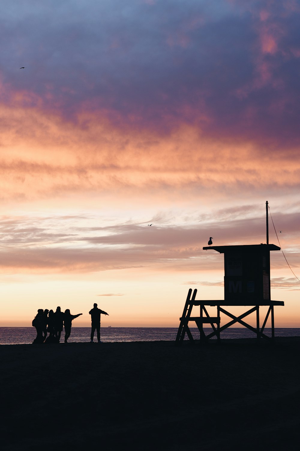 Silueta de la gente de pie en la playa durante la puesta del sol
