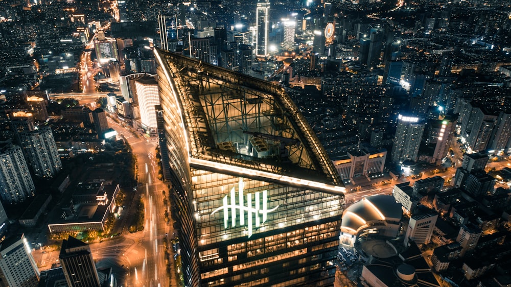 aerial view of city buildings during night time