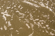 Abstract interpretation of sea foam patterns swirling across a sandy beach.