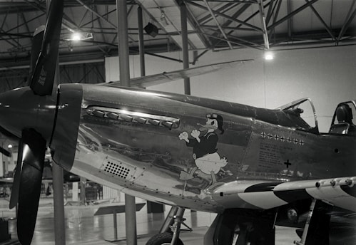 A vintage fighter aircraft is displayed in a museum setting. The aircraft's fuselage features a cartoon character wearing a flight helmet and goggles. The polished metal surface of the aircraft, along with its propeller and cockpit, are visible under the hangar lights.