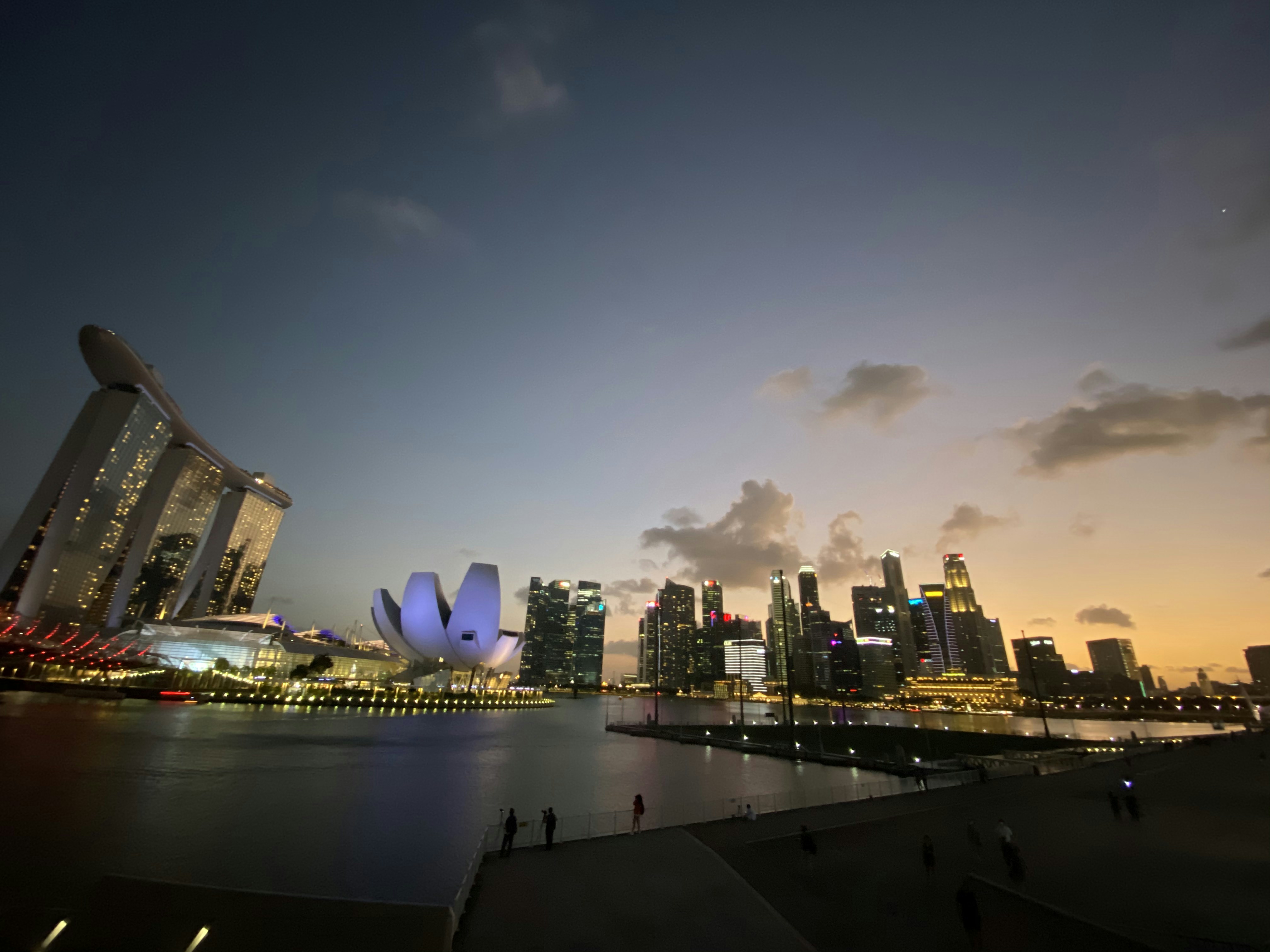 Singapore skyline at dusk, dark moody sky, city lights reflecting on water, atmospheric dim lighting