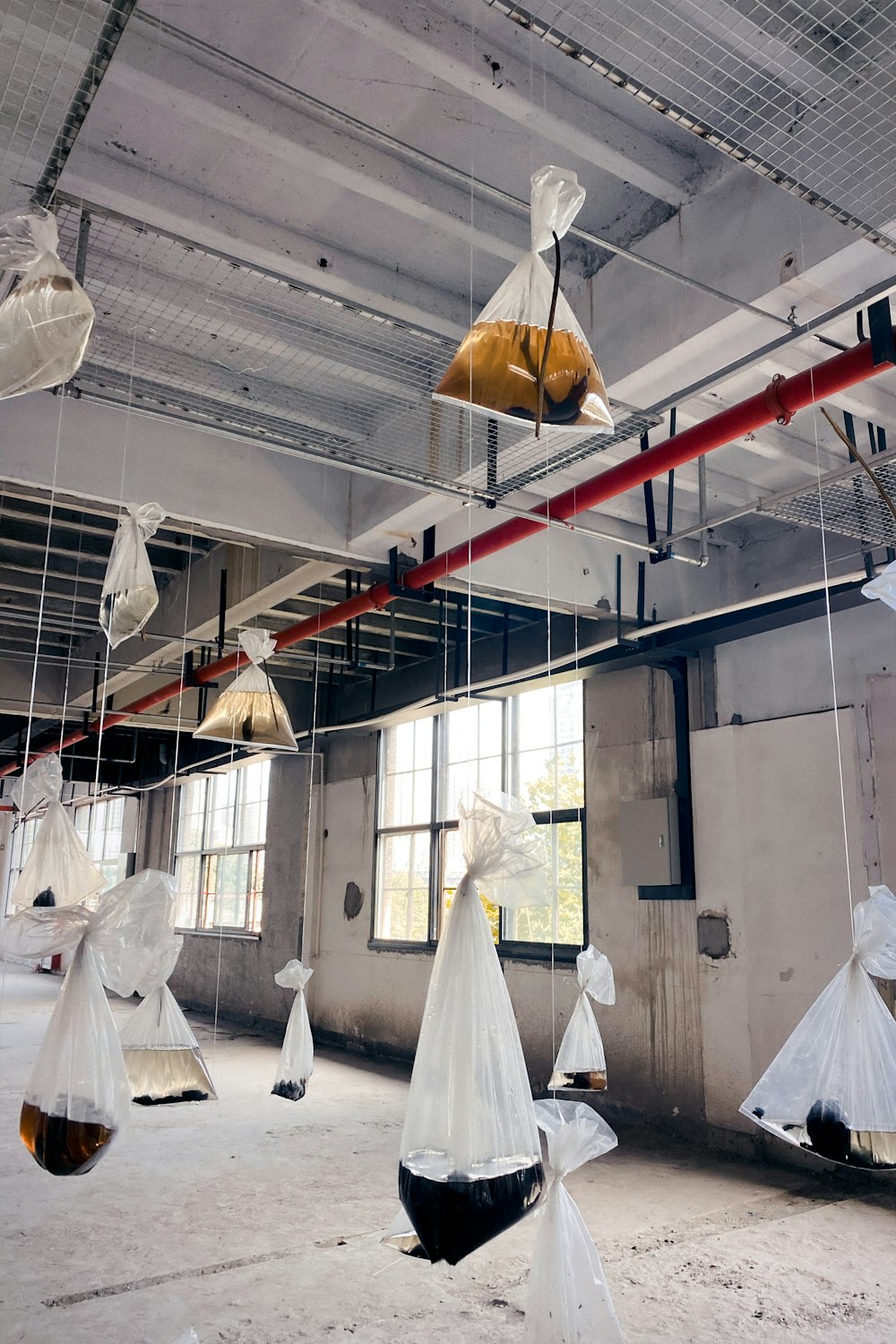 white plastic bags hanging on ceiling