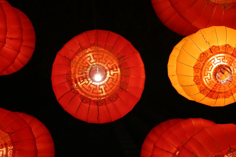 Red lanterns decorating a Hong Kong temple during Lunar New Year