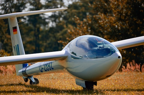 A sleek, white glider resting on a grassy field, with a shiny, glass cockpit and long, slender wings. The reflection of the sky is visible on the cockpit, and a small German flag is painted on the tail fin. The surrounding foliage indicates an autumn setting with vibrant colors.