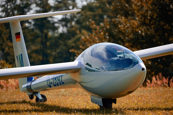 A sleek, white glider resting on a grassy field, with a shiny, glass cockpit and long, slender wings. The reflection of the sky is visible on the cockpit, and a small German flag is painted on the tail fin. The surrounding foliage indicates an autumn setting with vibrant colors.