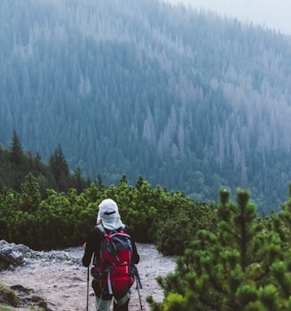 person in white hoodie and red backpack standing on rocky ground during daytime