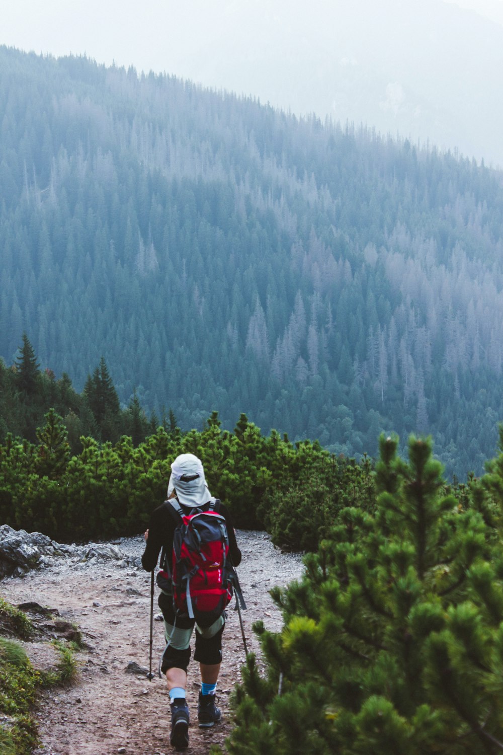 person in white hoodie and red backpack standing on rocky ground during daytime