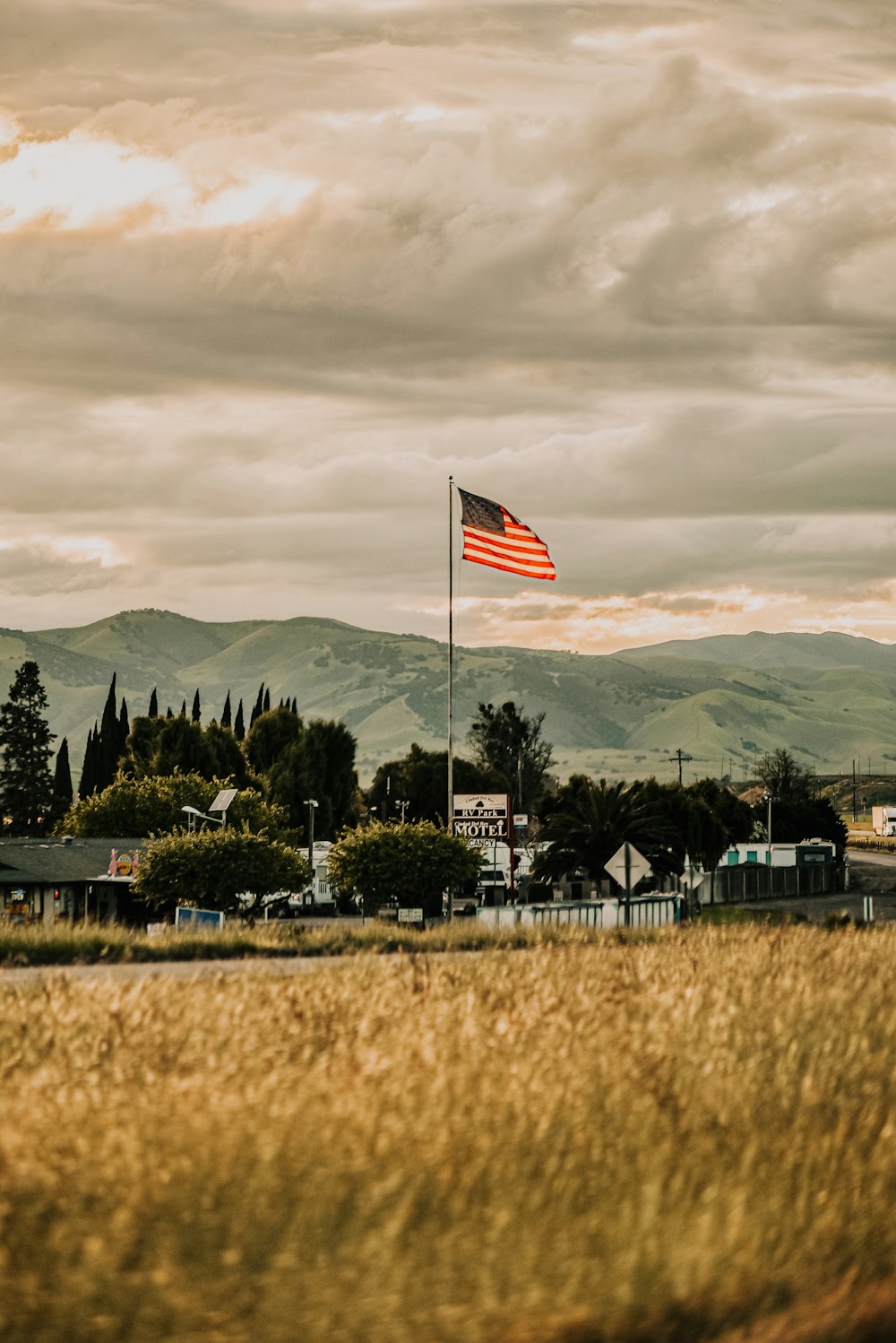 日中の緑の芝生のフィールドに旗を立てる米国