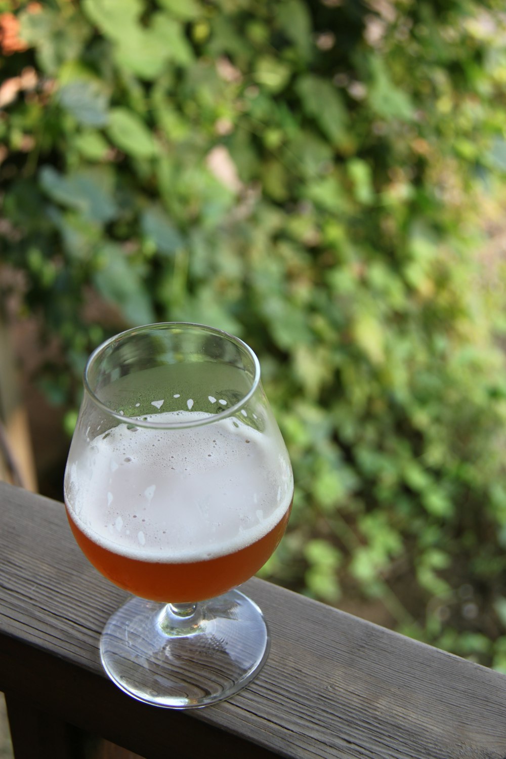 verre à boire transparent avec un liquide orange sur une table en bois brun