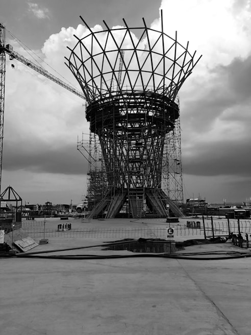 Aerial view of a complex metallic platform structure under construction