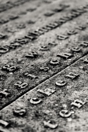Weathered stone surface with engraved letters forming text. The lettering is old and slightly worn, with shadows accentuating the depth of the grooves.