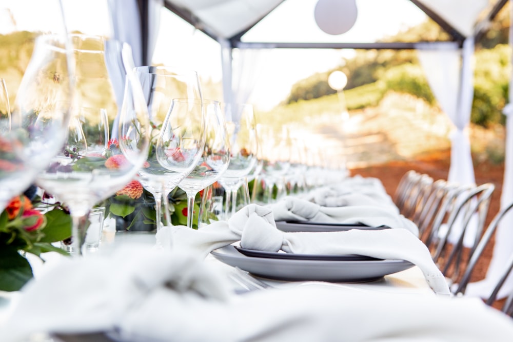 clear wine glasses on table