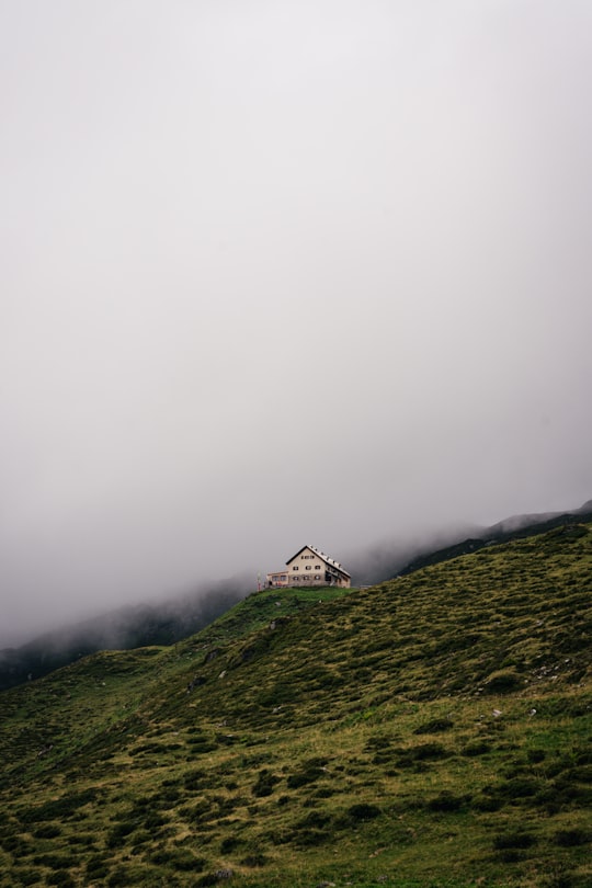 white and brown house on green grass field covered with fog in Rastkogelhütte Austria
