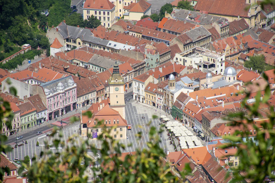 Brașov’s old town rooftops, seen from above