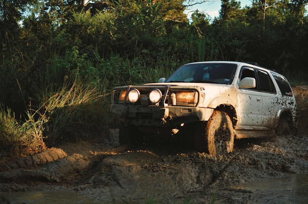 white crew cab pickup truck on dirt road