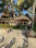 A tropical beach scene featuring several thatched huts surrounded by lush green palm trees. The sandy beach has multiple lounge chairs facing away from the ocean, suggesting a relaxing vacation spot.